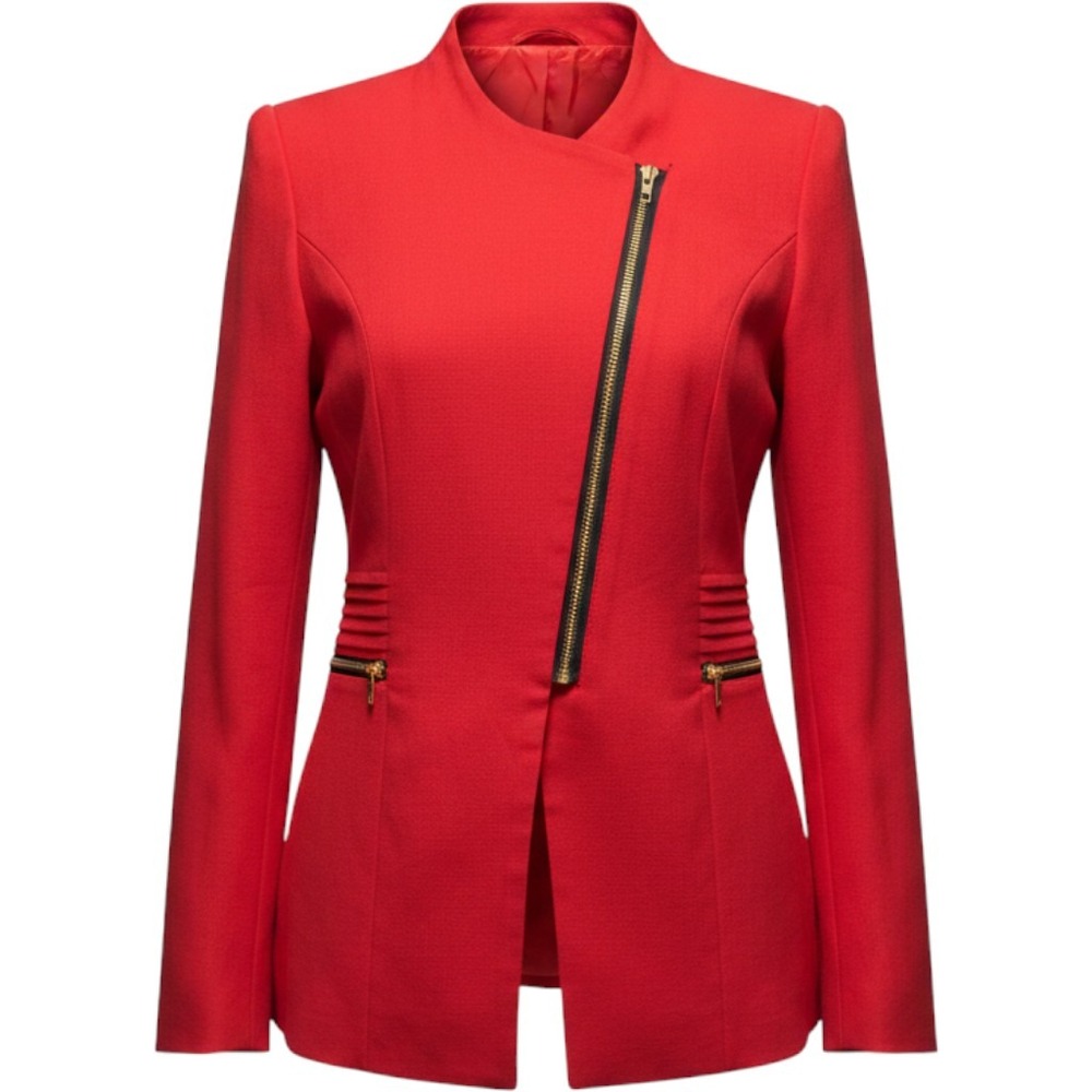 (CL) Shi Long Fashion‎ Red Asymmetrical Zip Blazer M Puff Sleeve Jacket NWT